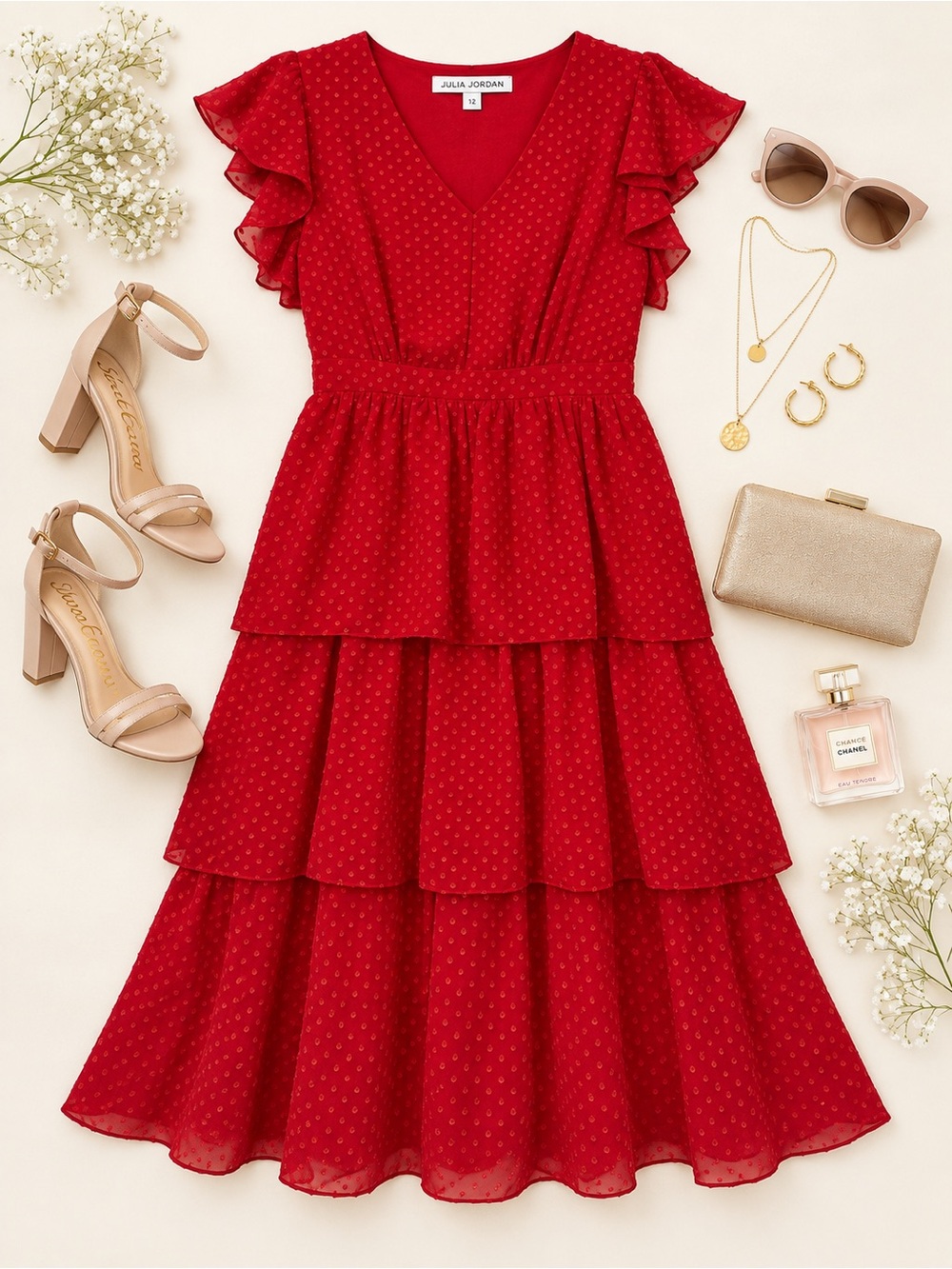 Julia Jordan Red Swiss Dot Tiered Midi Dress Size 12 NWT Flutter Sleeve